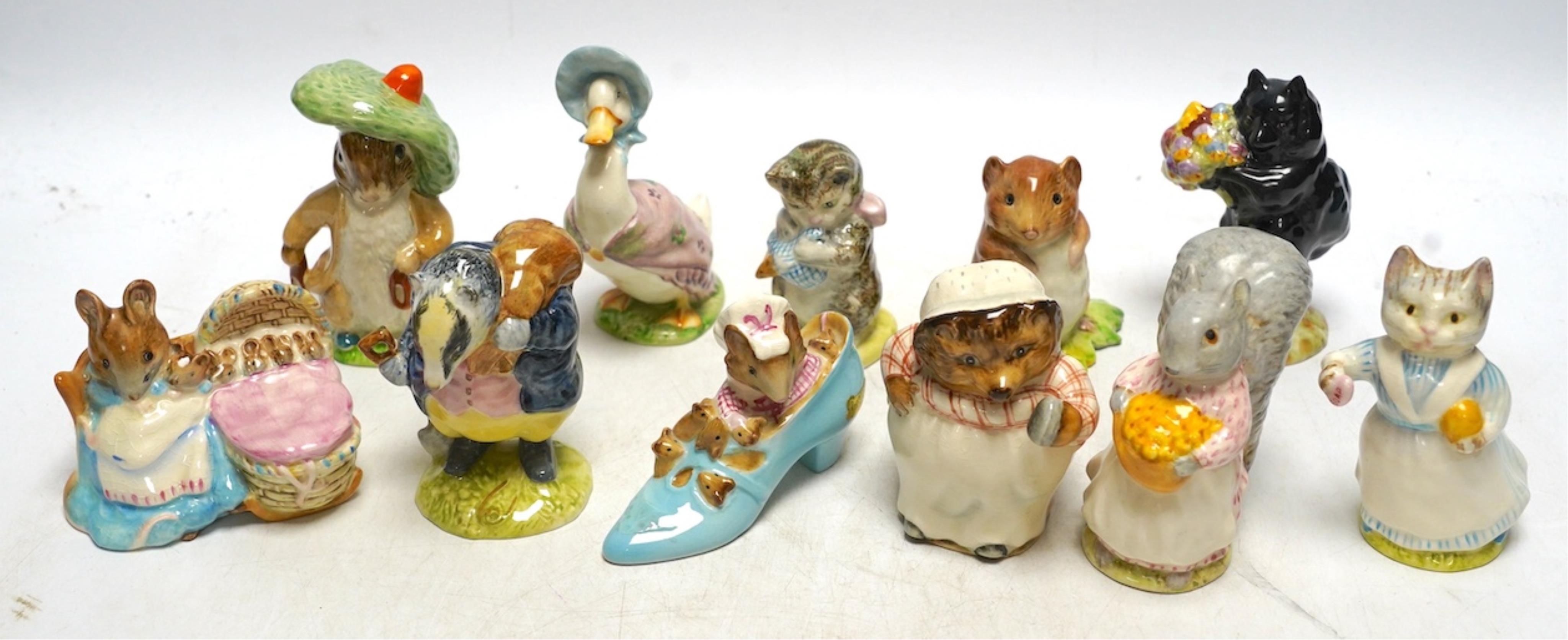Eleven Beatrix Potter figures to include Benjamin Bunny, Mrs. Tiggy Winkle, Timmy Willie, Duchess with flowers, tallest 11cm. Condition - good